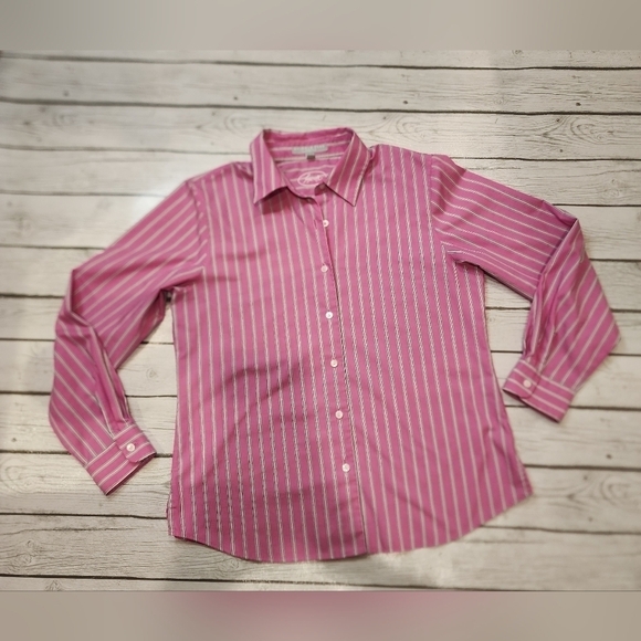 FOXCROFT Button Front Pink White Blue Striped Collard Shirt Wrinkle Resisted Sz8 - Picture 8 of 16